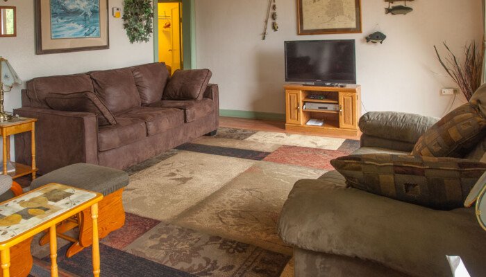Cozy living room with couches and TV setup