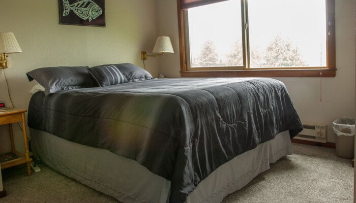 Cozy bedroom with large bed and snowy window view