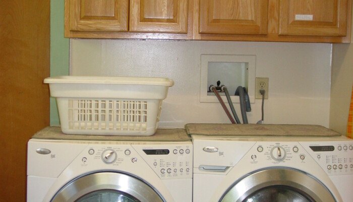 Laundry room with two modern washing machines