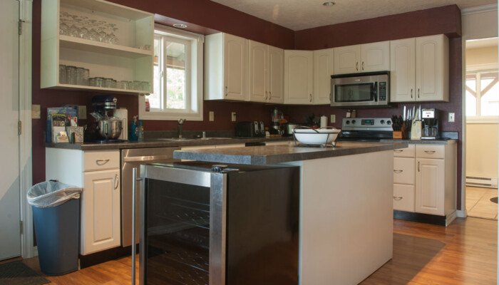 Modern kitchen with white cabinets and burgundy walls