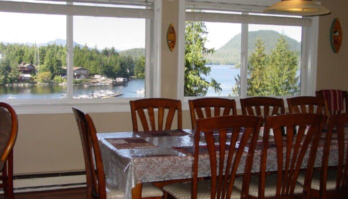Dining room with lake view through large window