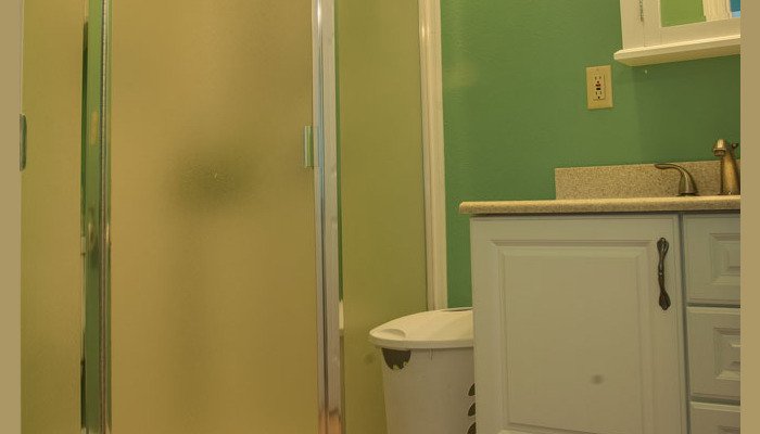 Green bathroom with glass shower and white vanity