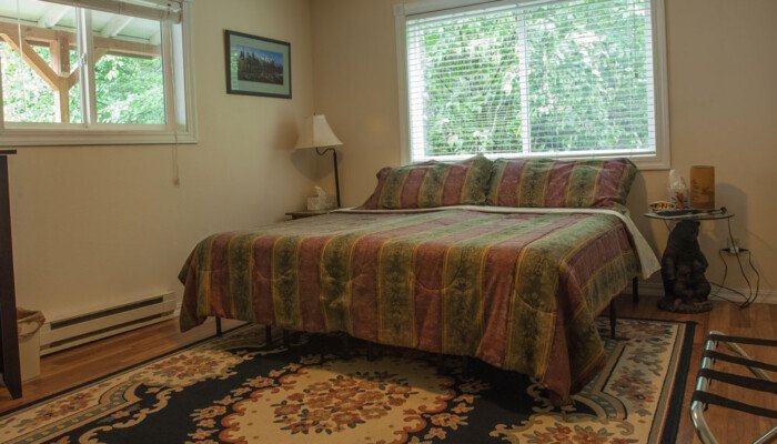 Cozy bedroom with large bed and forest view window