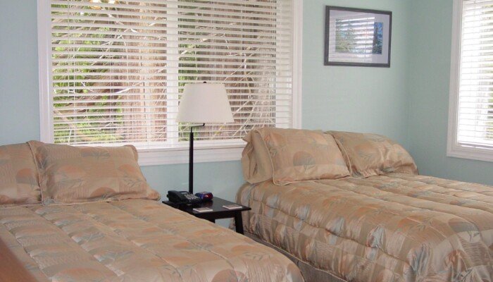 Bright twin bedroom with leaf-patterned bedding and blinds